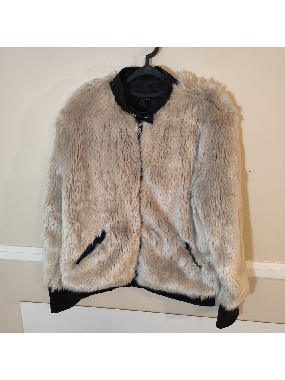 FATE Faux Fur Bomber Coat with Leather Detail Black/ Cream Size Large